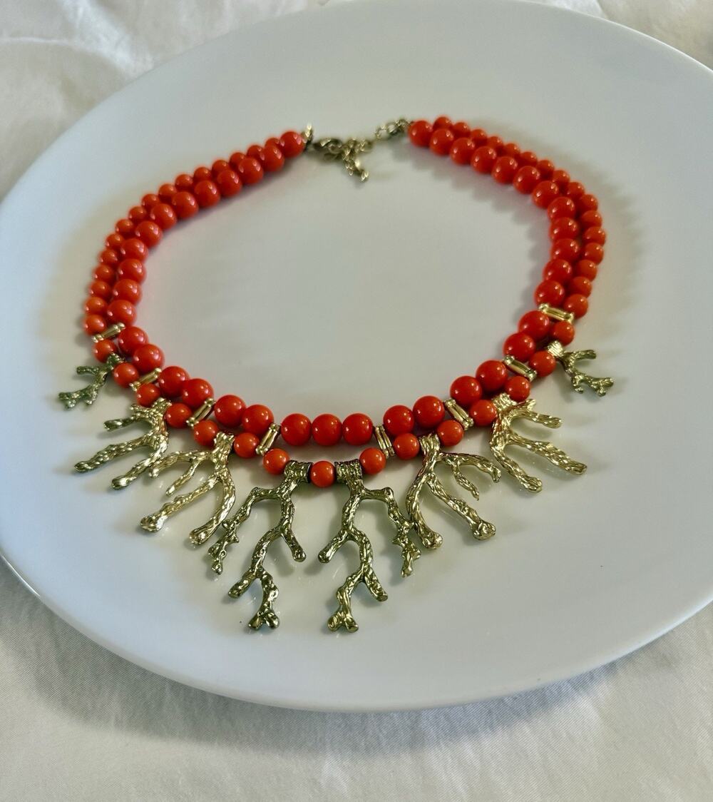 Gold Coral And Orange Beaded Necklace stunning 19” Beachy Vacation Beach